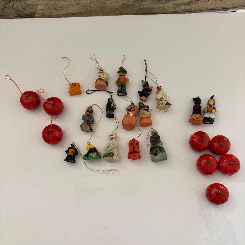 Vintage Halloween Miniature Ornament Lot Resin Witches Ghosts Pumpkins Apples